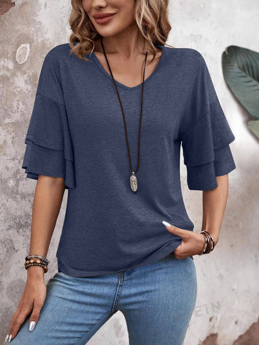 V Neck Ruffle Sleeve Loose Fit Women’s Top: Black/Navy/Tan: Sizes Small - 2X