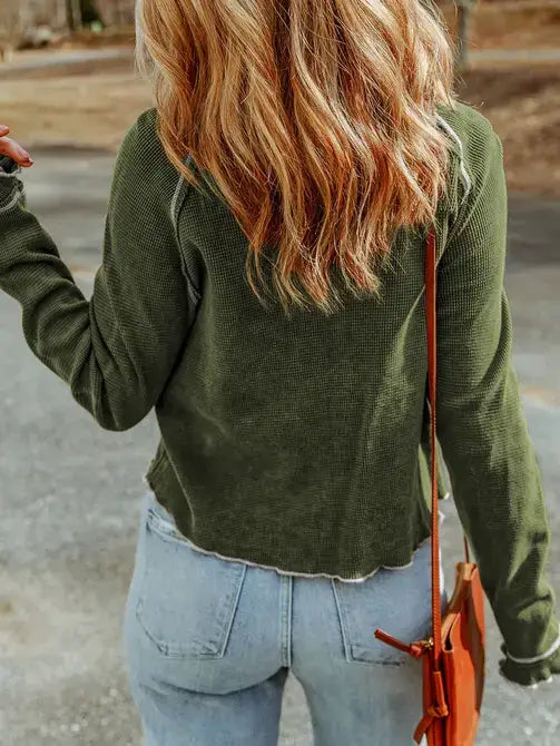 Textured Round Neck Long Sleeve Top: Sizes S-M-L Olive or Cinnamon