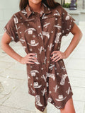Western Print Denim Dress: Brown