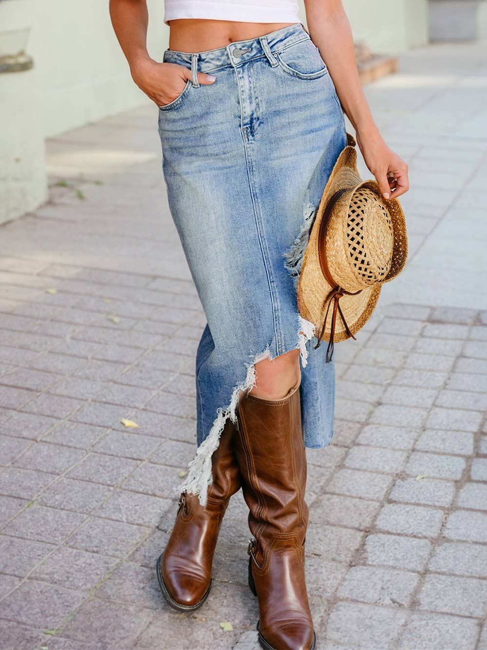 Distressed Bottom Denim Midi Skirt / Small - XL