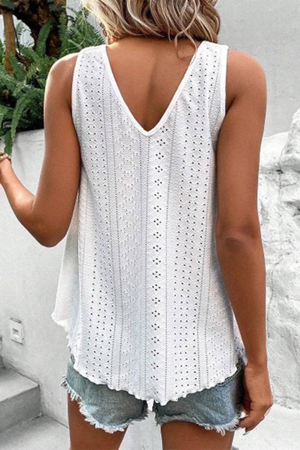 Eyelet Lace V Neck Loose Fit Sleeveless Tank Top: White /Small - XL
