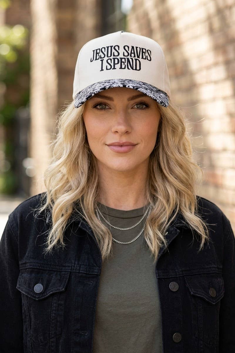 `Jesus Saves I Spend Two Tone Canvas Cotton Cap  Zenana : COUGAR / OS