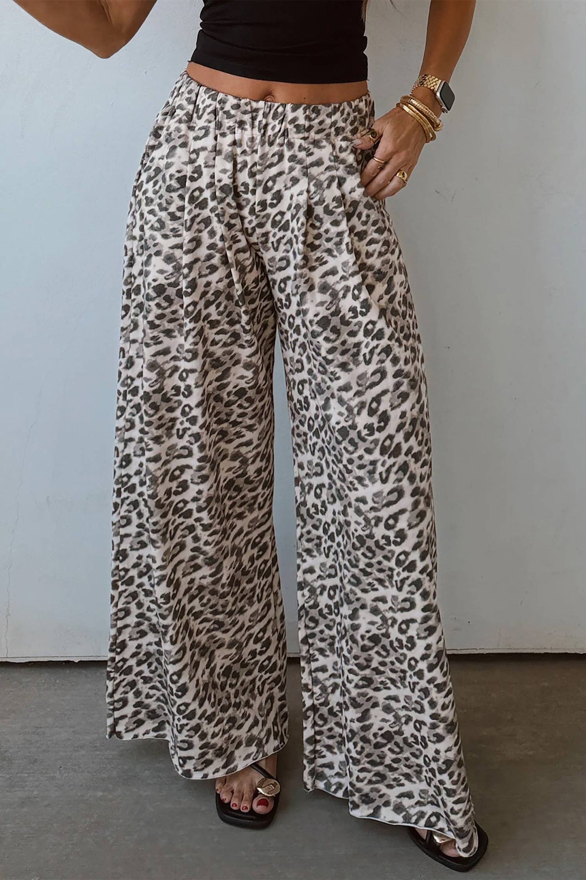 Leopard Print Wide Leg Pants : Gray Toned Leopard Print / Small - XL