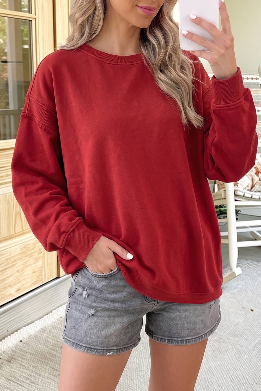 Ribbed Detail Drop Shoulder Cutout Back Sweatshirt: Racing Red