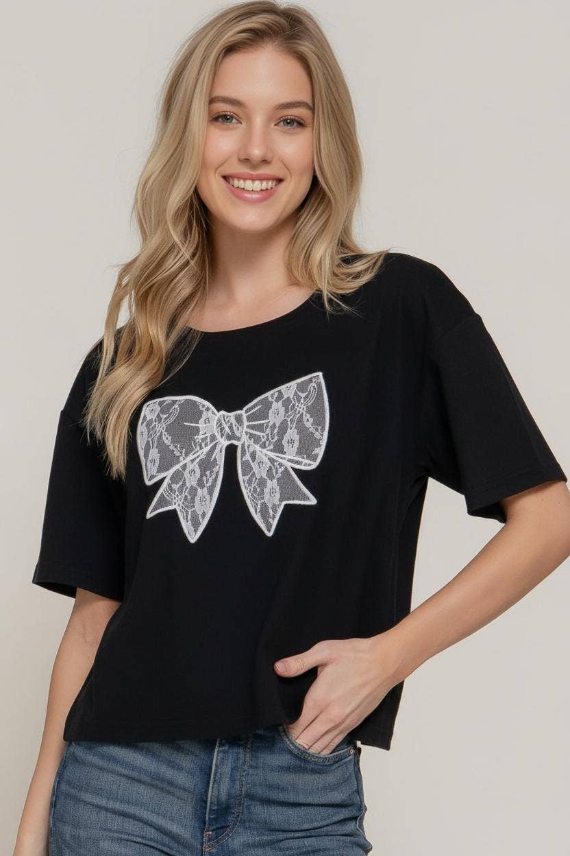 Lace Patch Bow Oversize Tshirt Top Black Small - XL