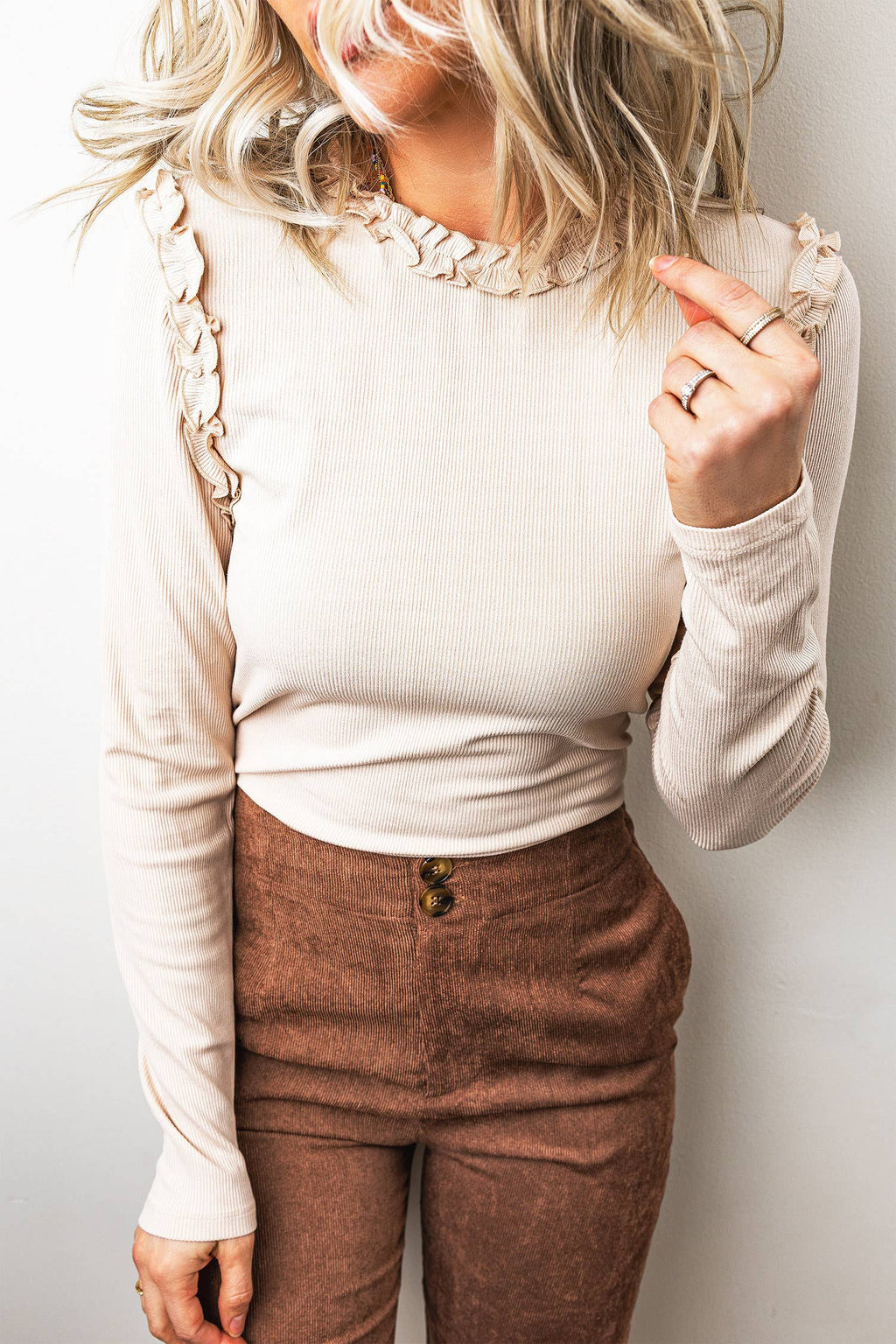 Solid Color Round Neck Frill Ruffle Detail Long Sleeve Top Beige - Viscose