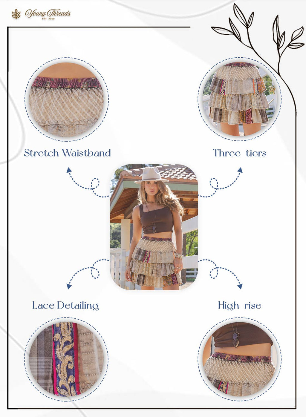 Young Threads Artisan Patchwork Ruffle Tiered Mini Skirt: Latte / Small - XL