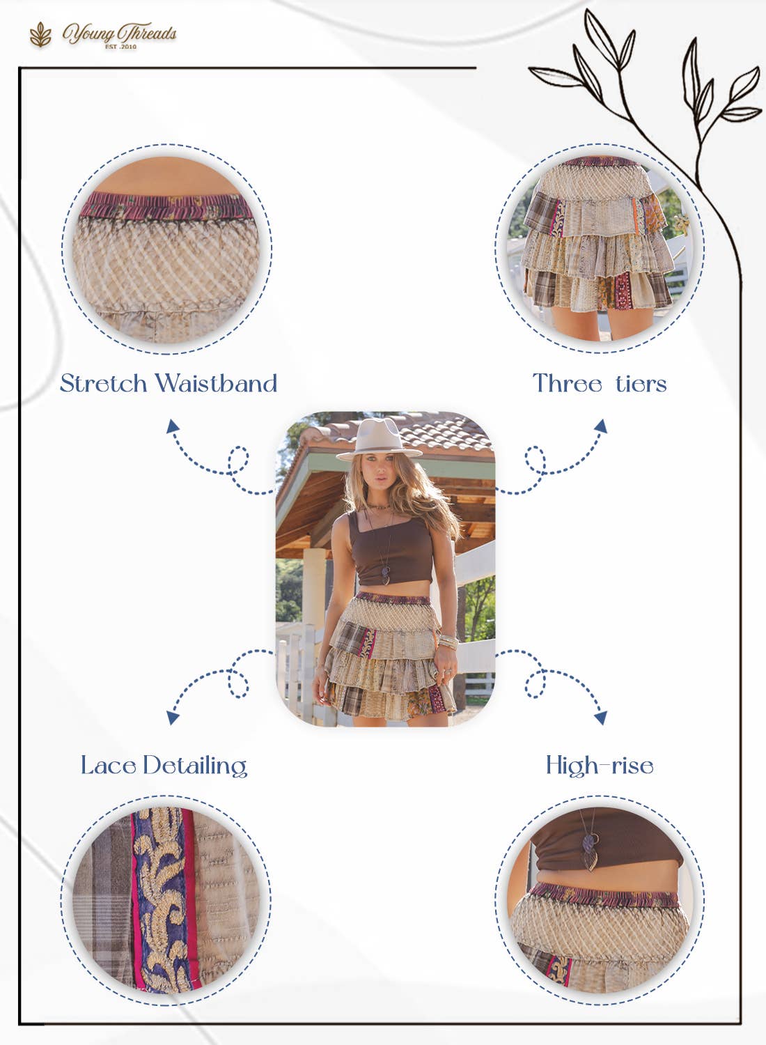 Young Threads Artisan Patchwork Ruffle Tiered Mini Skirt: Latte / Small - XL