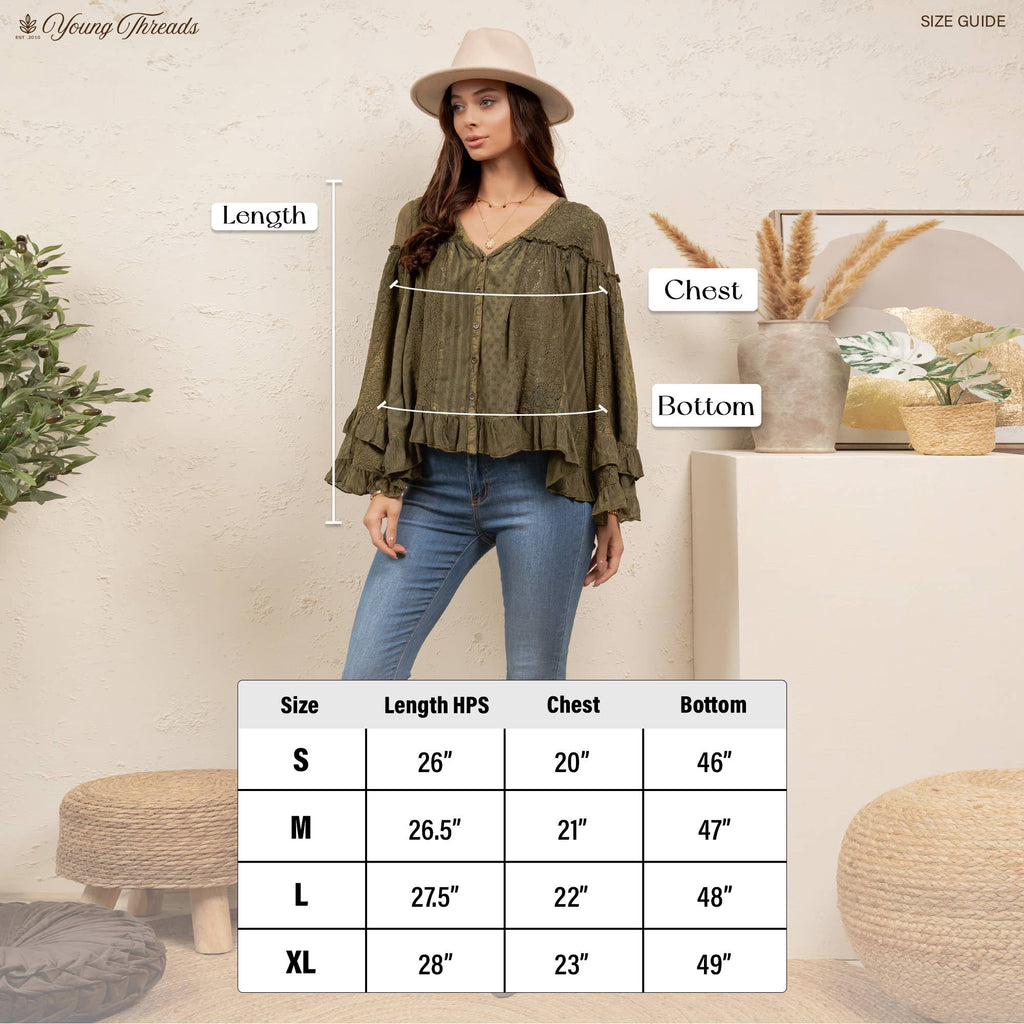 Young Threads V-Neck Ruffled Button-Front Top: Gray Small - XL