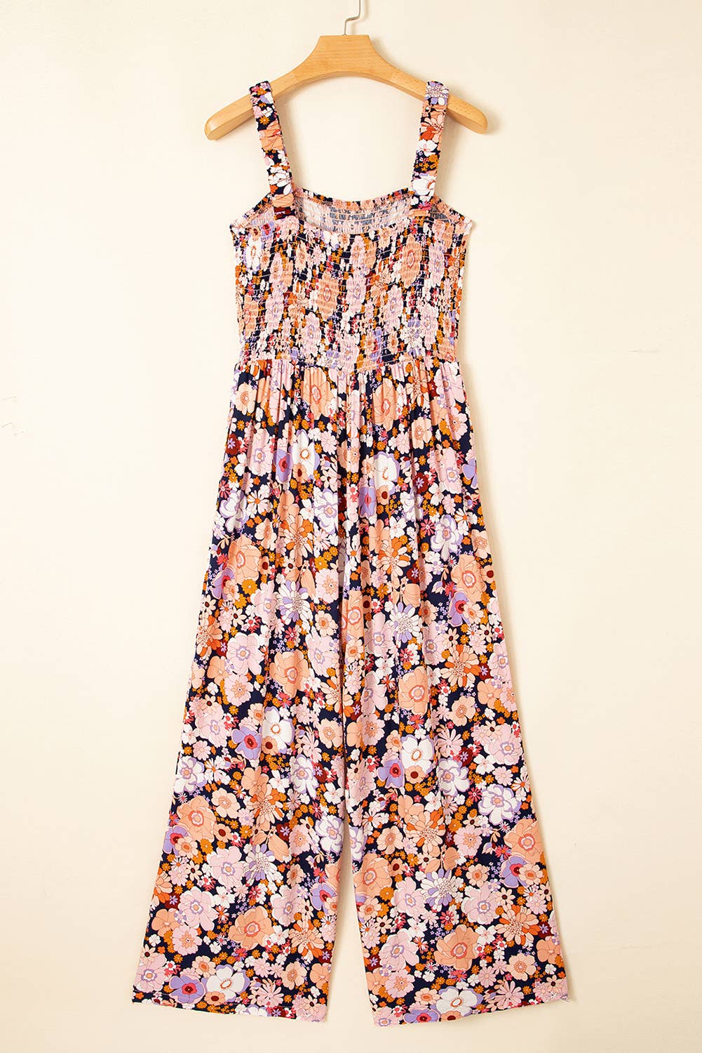 Boho Floral Print Smocked Jumpsuit/Wide Straps, Pockets and Wide Flare Legs - Sizes Sm-2X