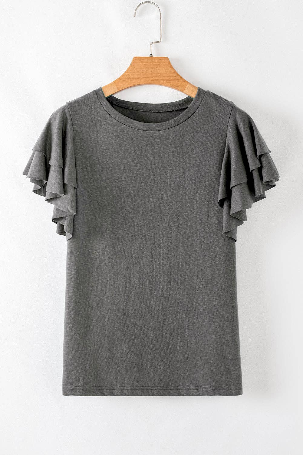 Dark Gray Layered Ruffle Short Sleeve Round Neck Top: S-L