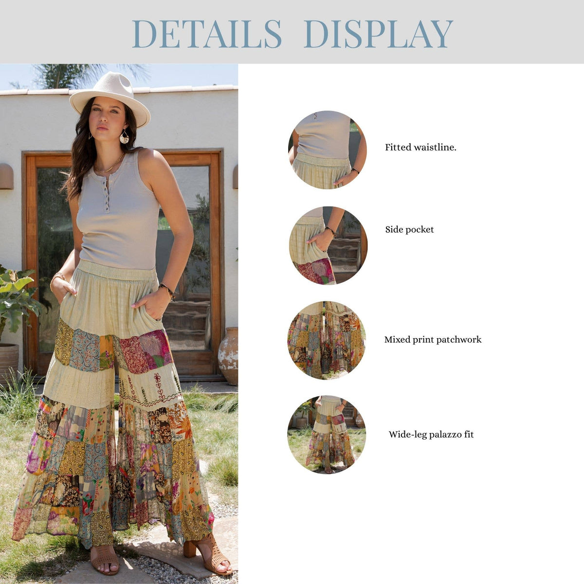 Young Threads - Boho Artisan Tiered Patchwork Wide-Leg Pants: Moss - Sizes Small - XL