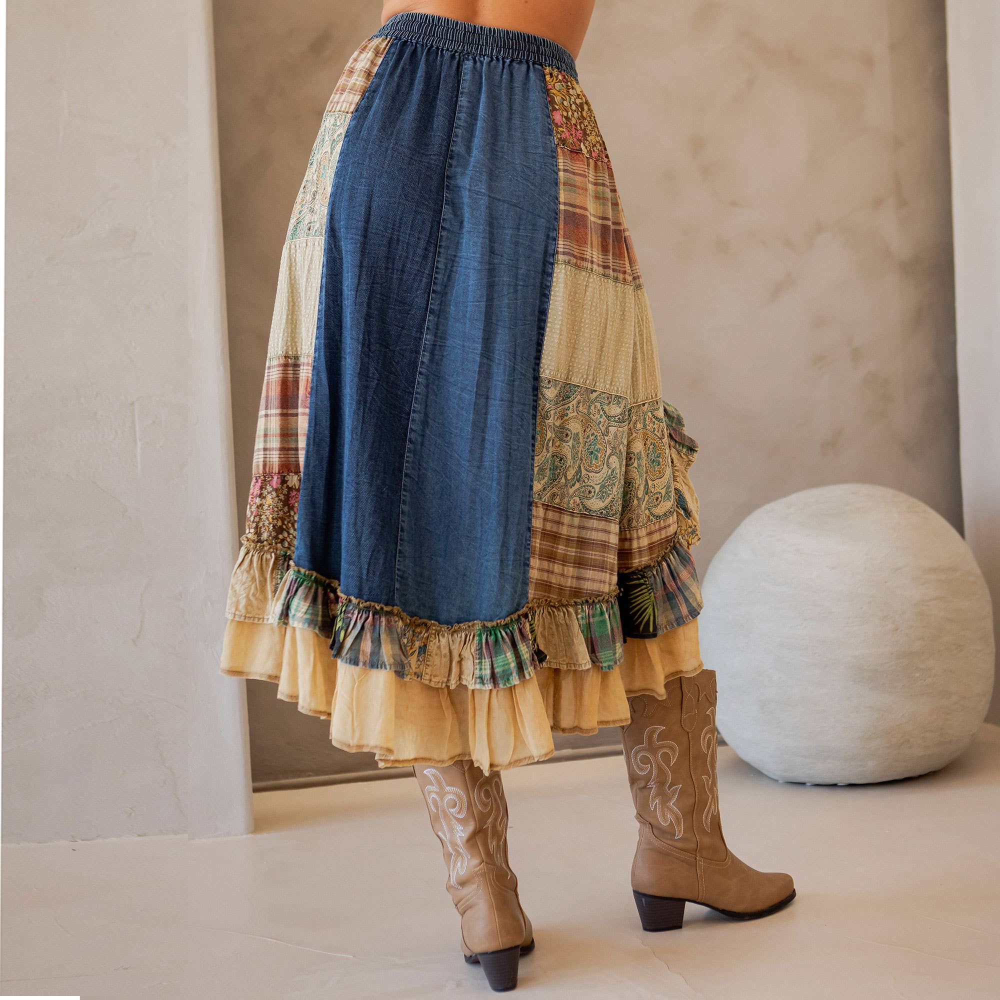 Young Threads: Western Boho Chic: Patchwork Midi Skirt : DENIM / Sizes Small - XL