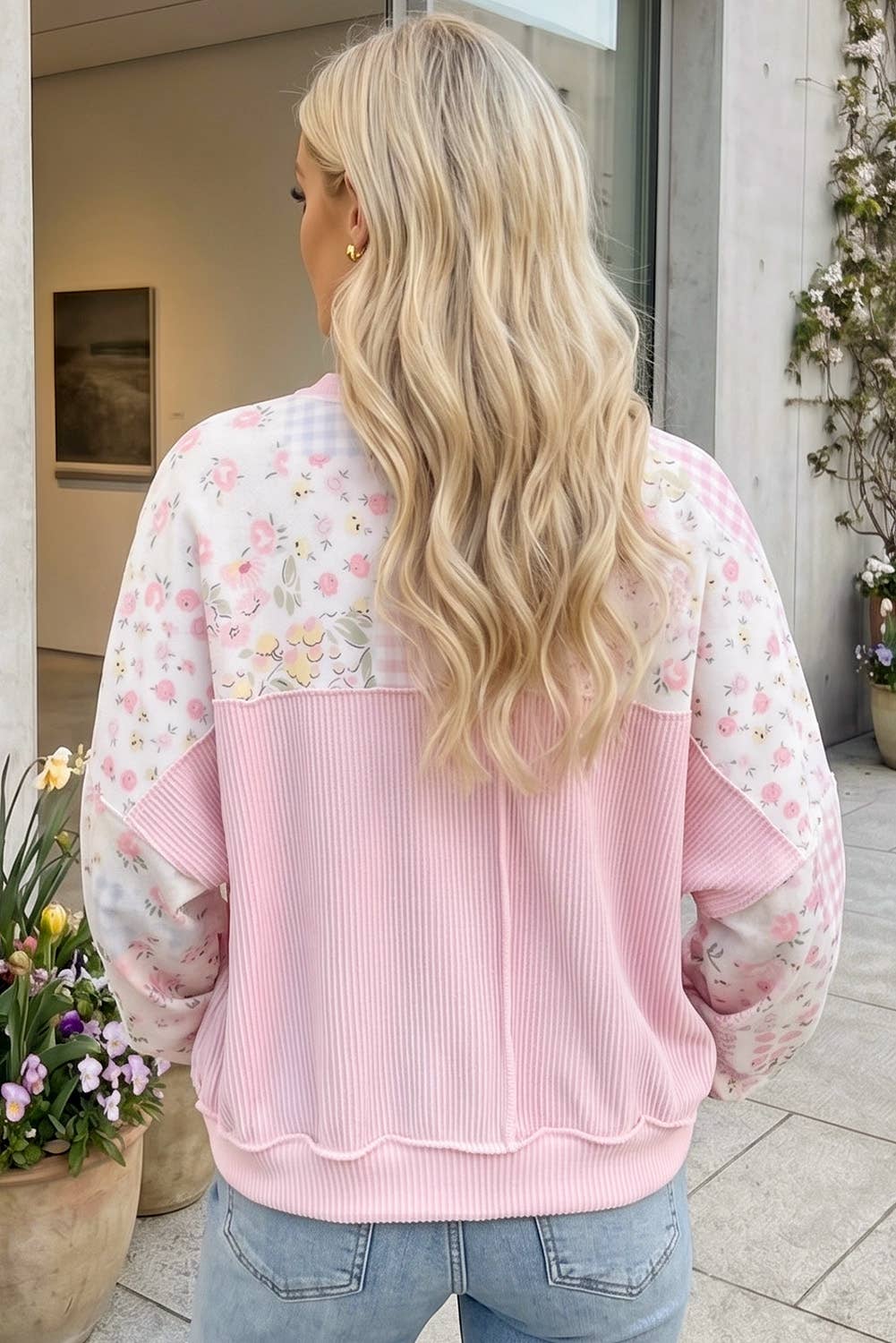 Twisted Ribbed Trim Floral Patchwork Sweatshirt Pink
