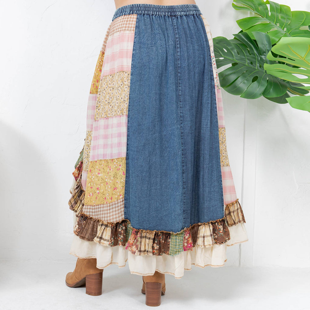 Young Threads: Western Boho Chic: Patchwork Midi Skirt : DENIM / Sizes Small - XL