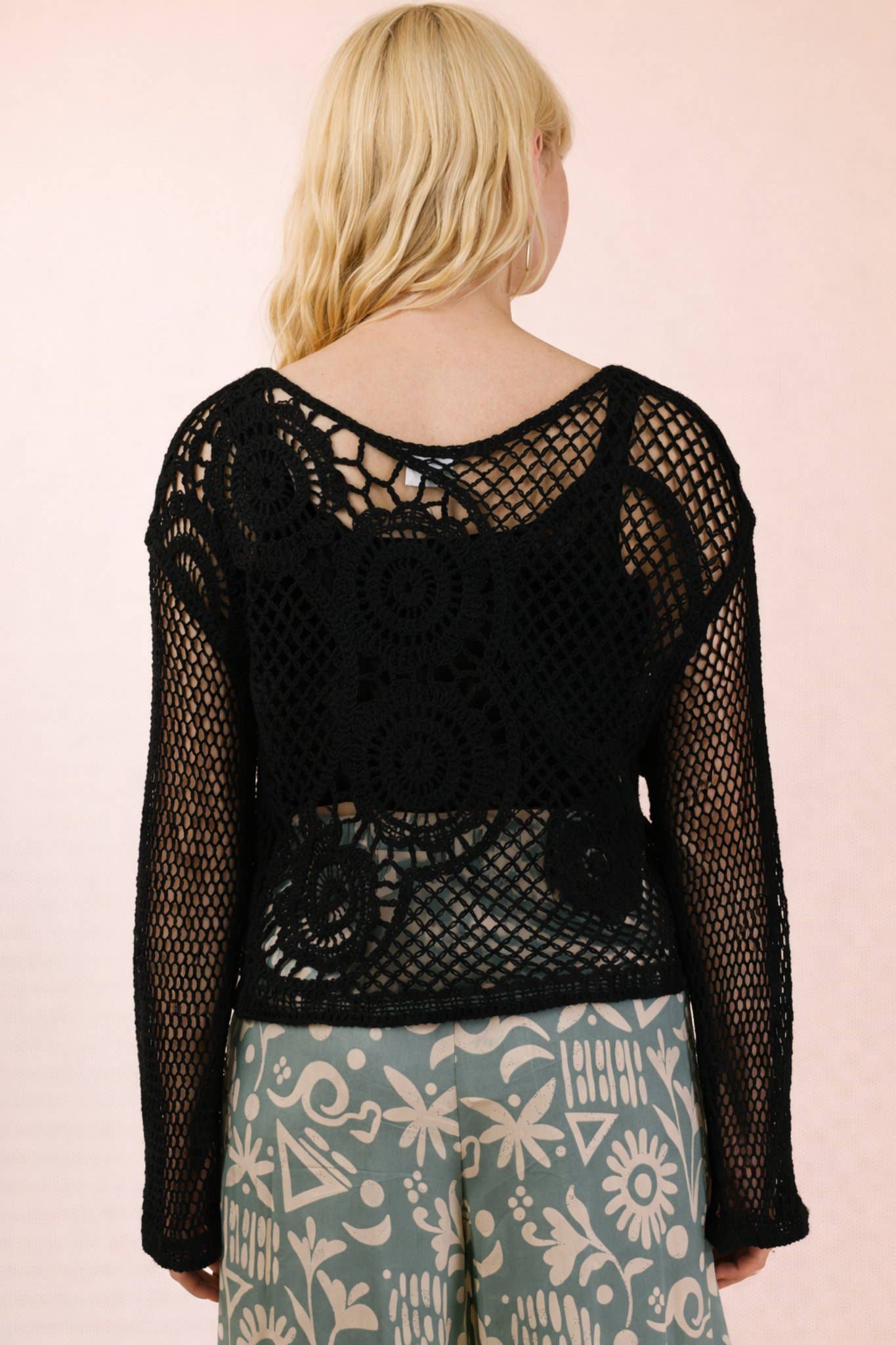 NT12142-Crochet Long Sleeve Knit Top: NATURAL / S.M-M.L/
