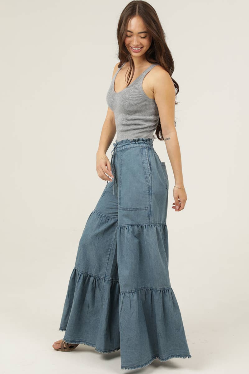 Denim Darling Tiered Wide Leg Pants Sizes Sm-Lg