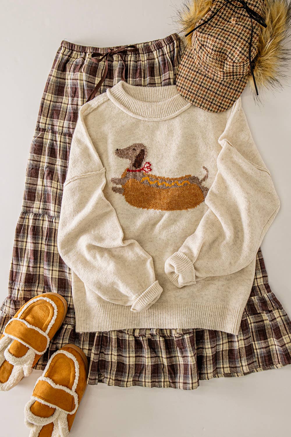 Daschund Hot Dog Dog Graphic Sweater: OATMEAL Small - Large