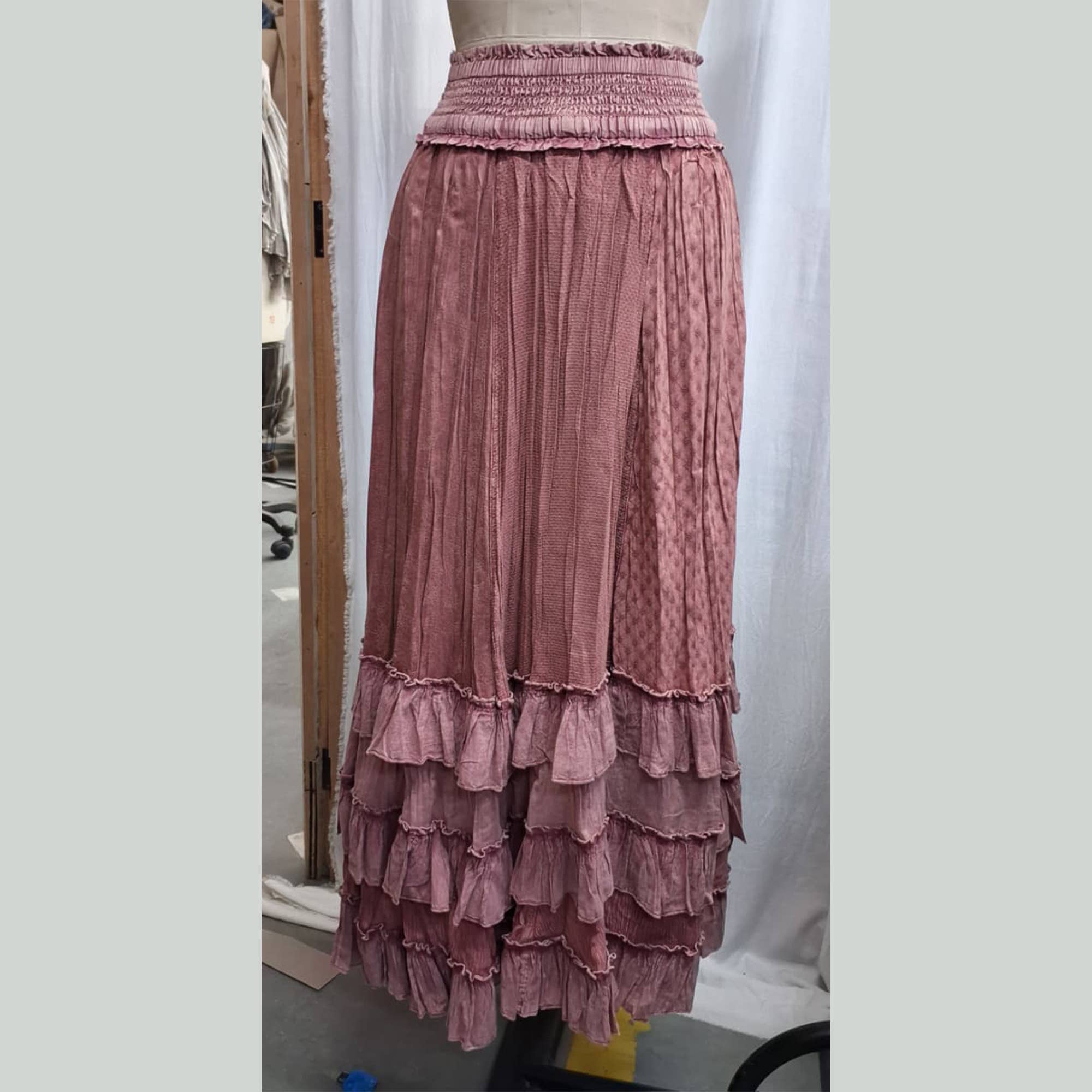 Young Threads: Rustic Textured Smocked Waist Ruffled Tiered Maxi Skirt: Gray / Small - 3X