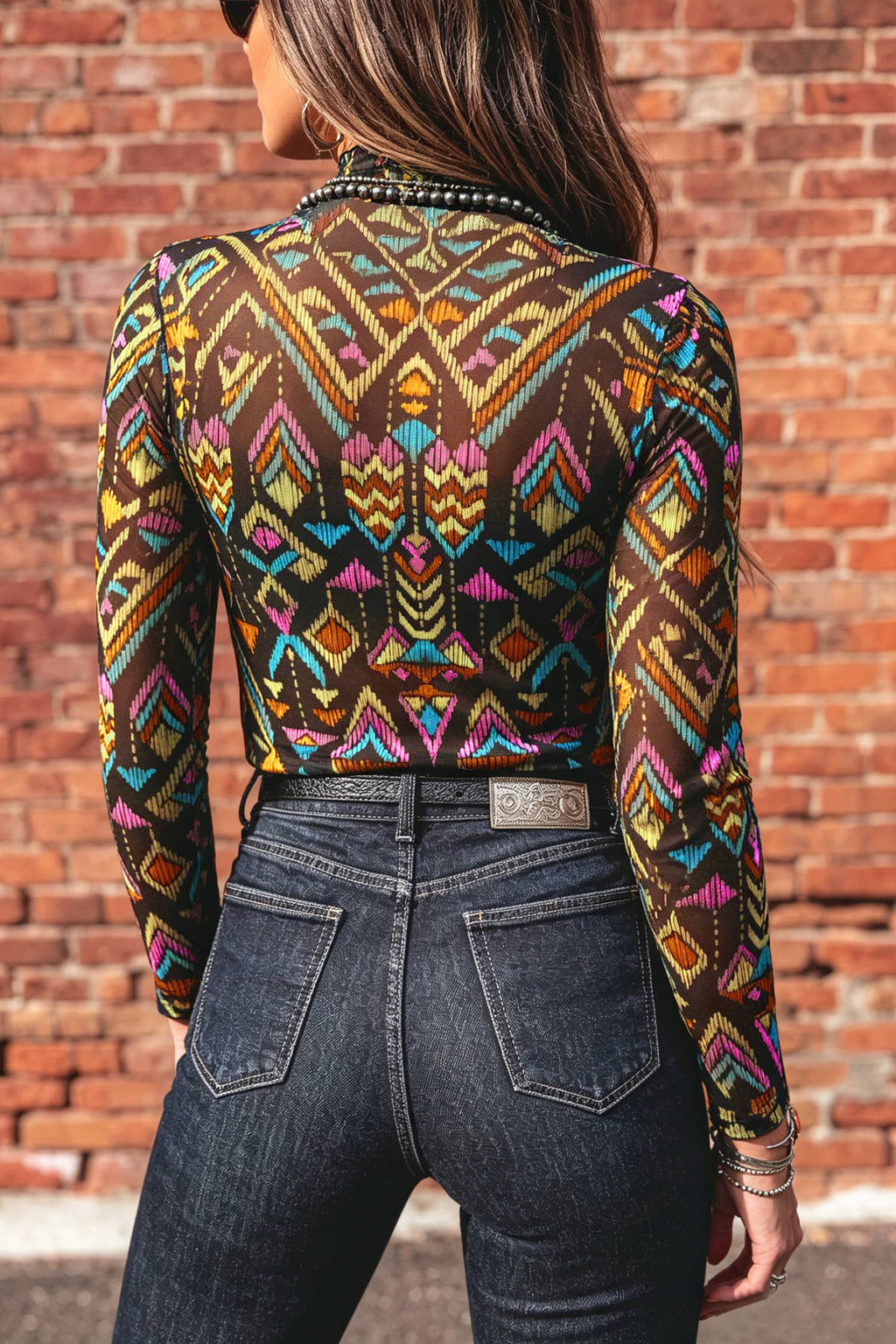 Aztec Pattern Mock Neck Mesh Sheer Layering Top / L