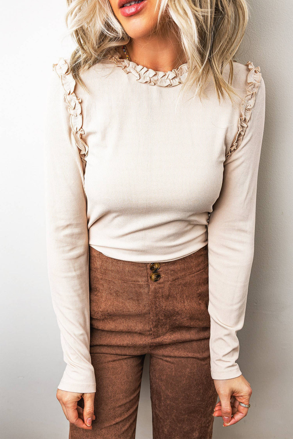 Solid Color Round Neck Frill Ruffle Detail Long Sleeve Top Beige - Viscose