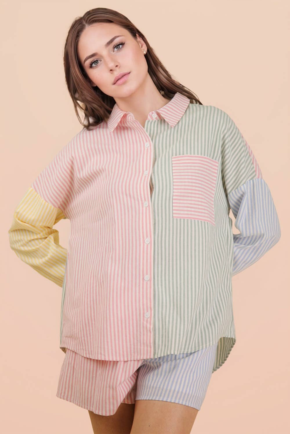 Stripe Color Block Shirt & Shorts Set: PINK MIX / S-M-L/