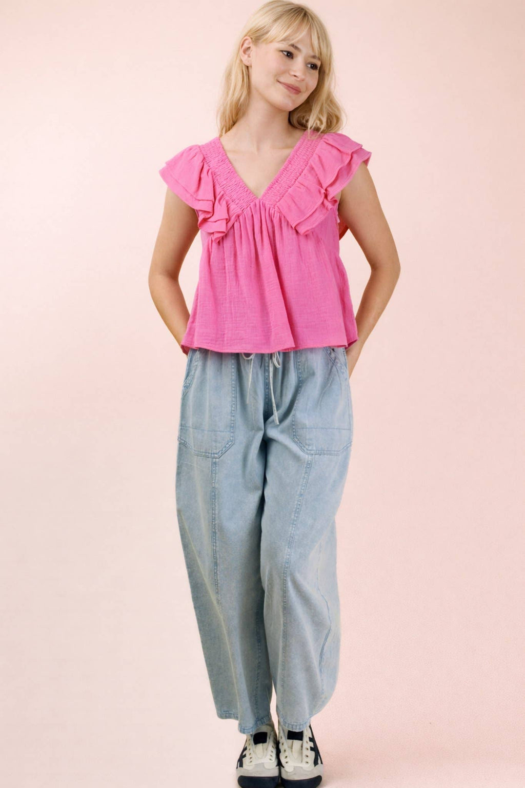 NT12130-Smocking Detail Ruffle Sleeve Cotton Gauze Top: PINK / S-M-L/