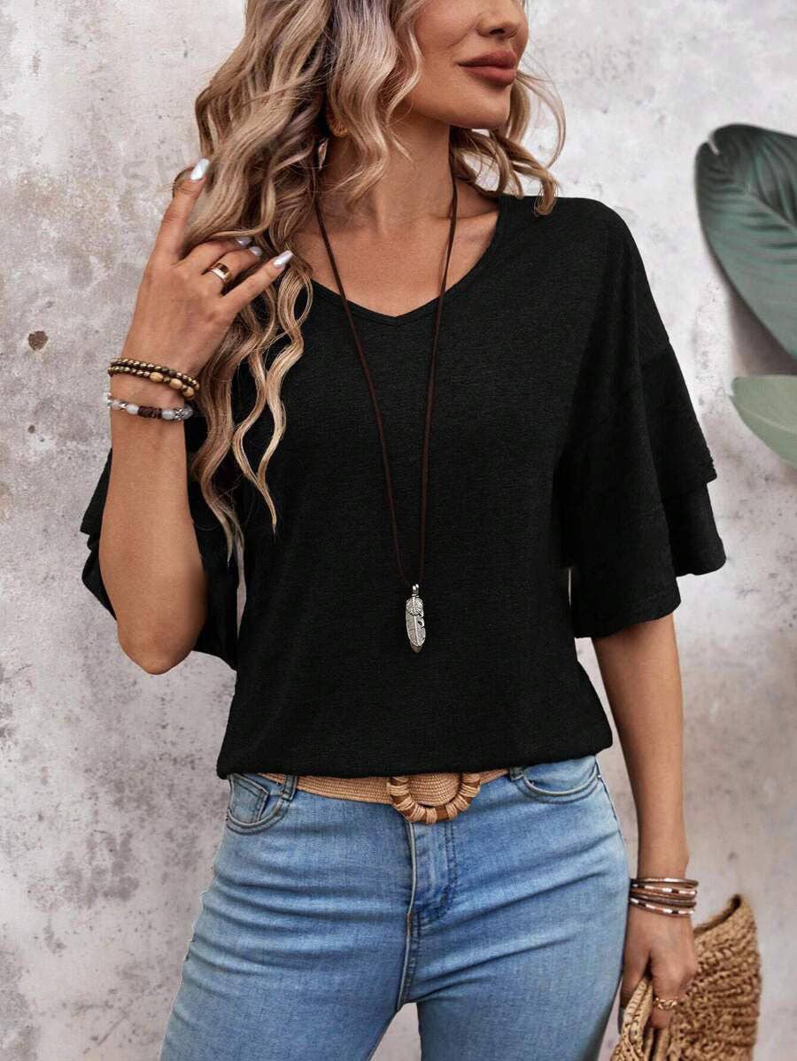V Neck Ruffle Sleeve Loose Fit Women’s Top: Black/Navy/Tan: Sizes Small - 2X