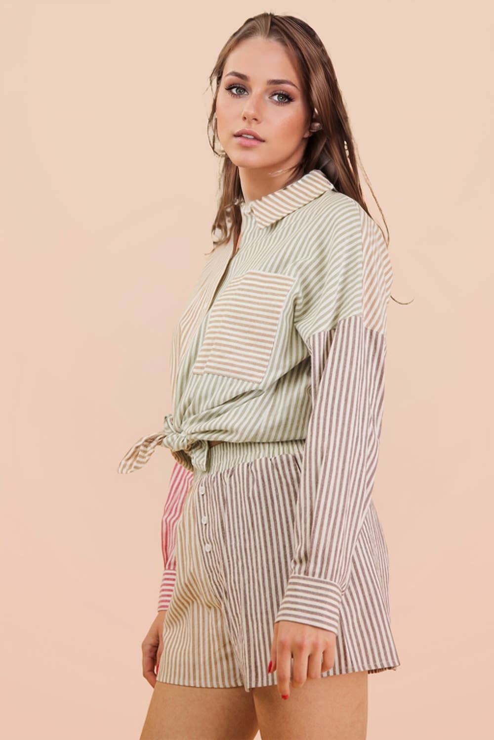 Stripe Color Block Shirt & Shorts Set: PINK MIX / S-M-L/