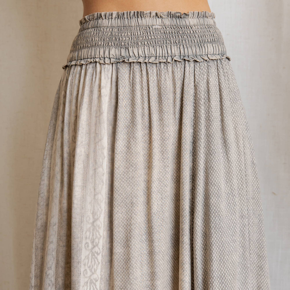 Young Threads: Rustic Textured Smocked Waist Ruffled Tiered Maxi Skirt: Gray / Small - 3X
