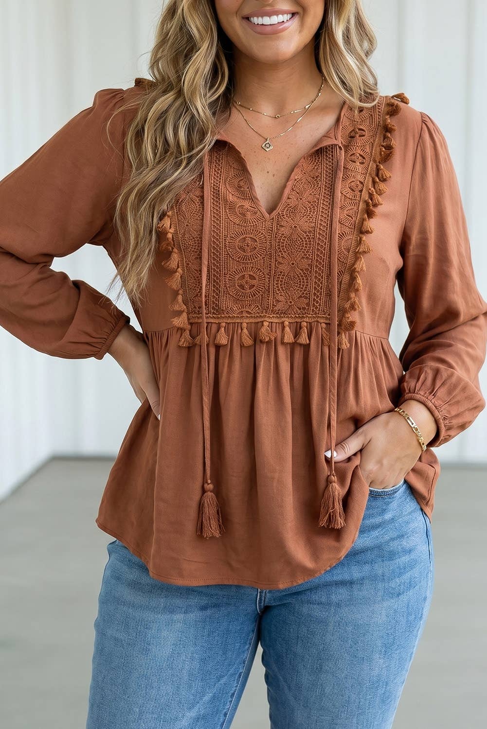 Boho Embroidered Knot Fringe Plus Size Blouse: Chestnut / Plus Sizes in 1X-3X