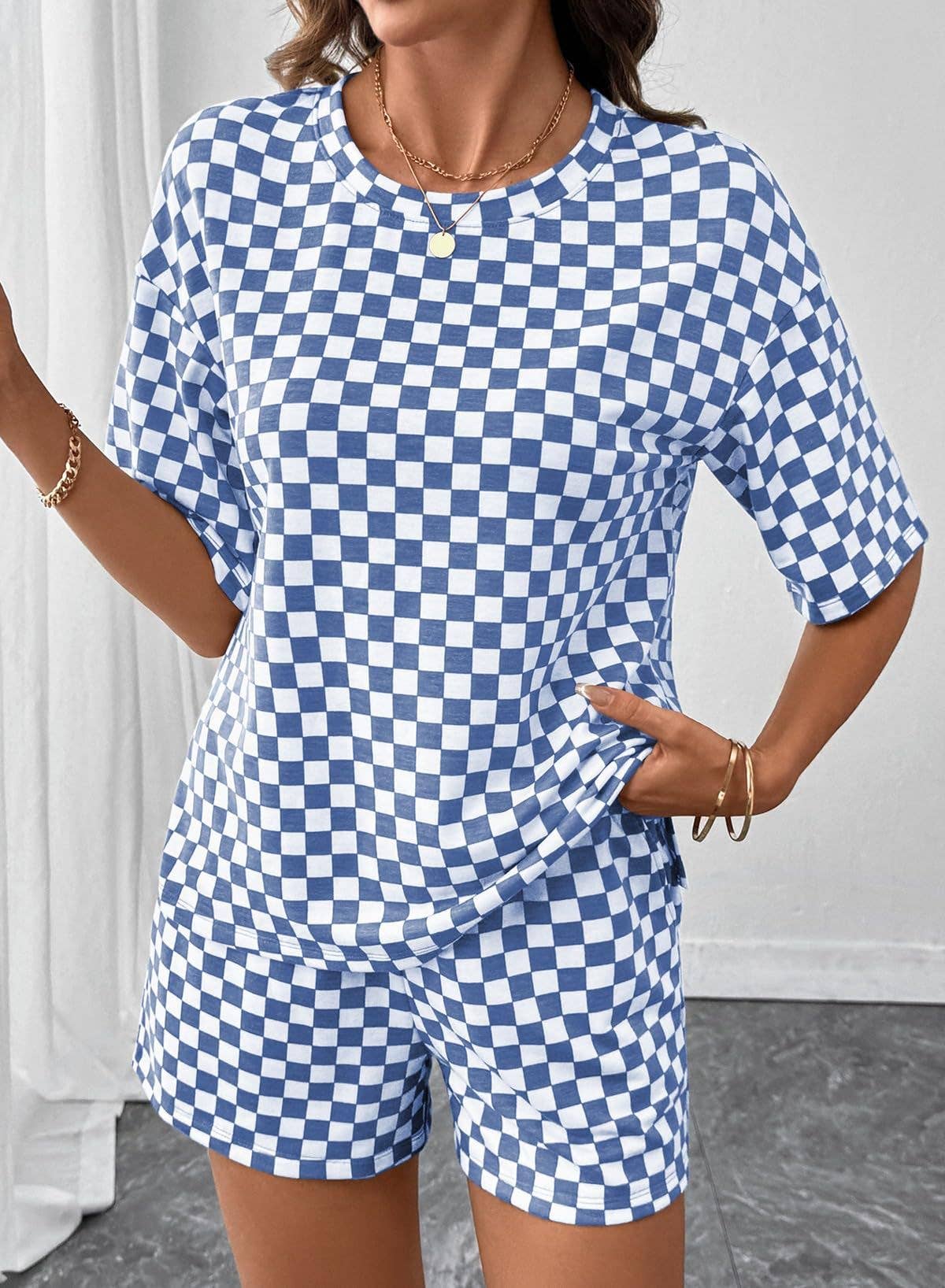 Checkered Short Sleeve Drawstring Lounge Set: Blue / L