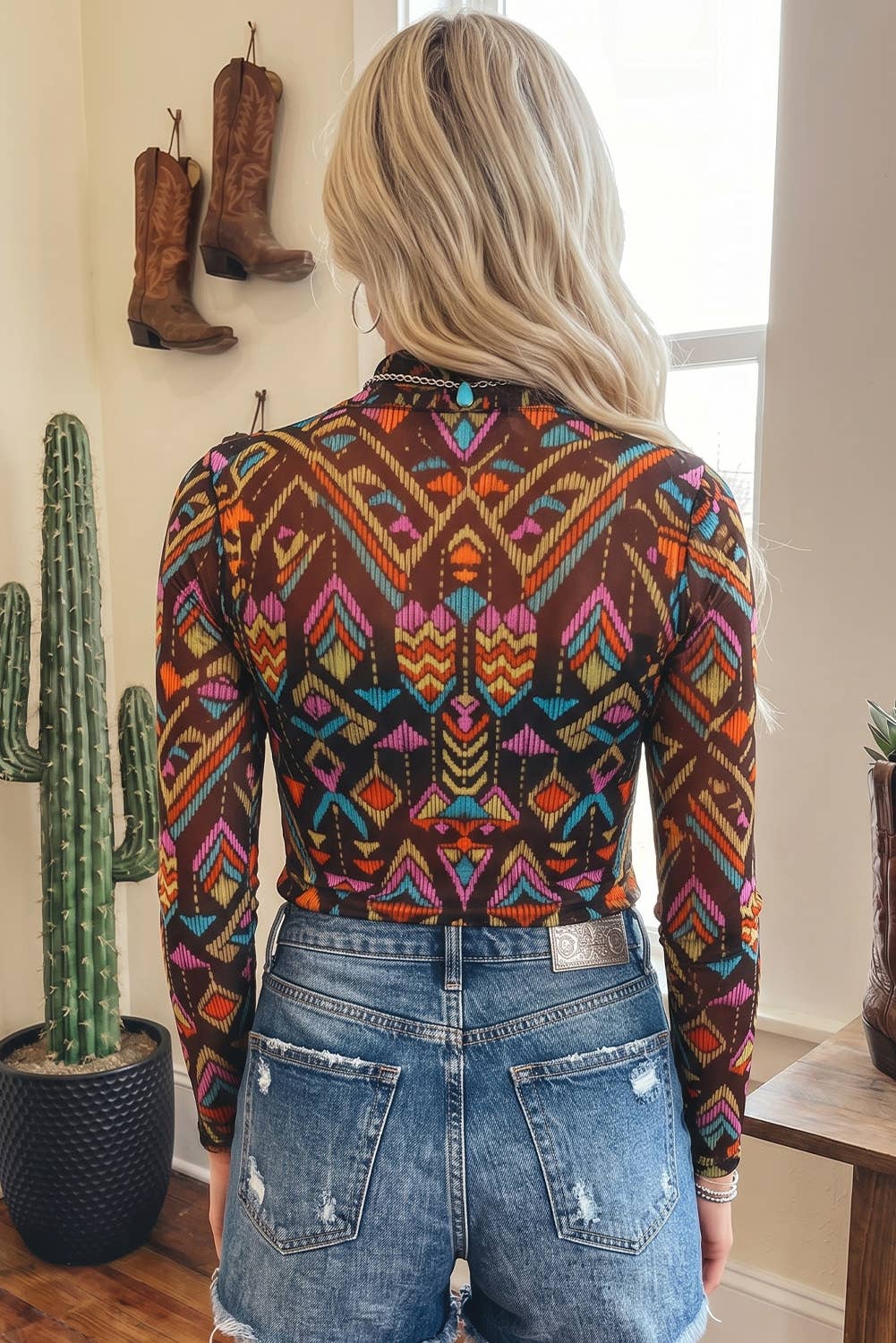 Aztec Pattern Mock Neck Mesh Sheer Layering Top / L