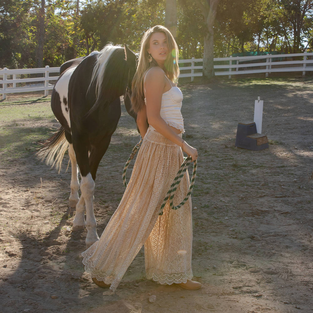 Young Threads - Desert Dream Boho Wide Leg All Lace Pants: LATTE / Sizes Small - XL