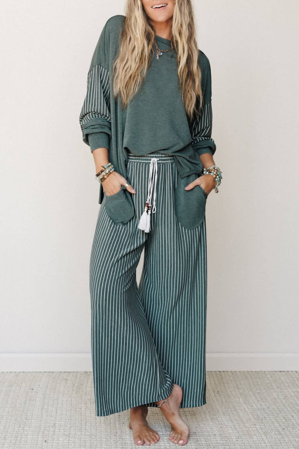 Striped Contrast High Waist Long Sleeve Pants Set Green - Sizes Small - XL