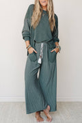 Striped Contrast High Waist Long Sleeve Pants Set Green - Sizes Small - XL