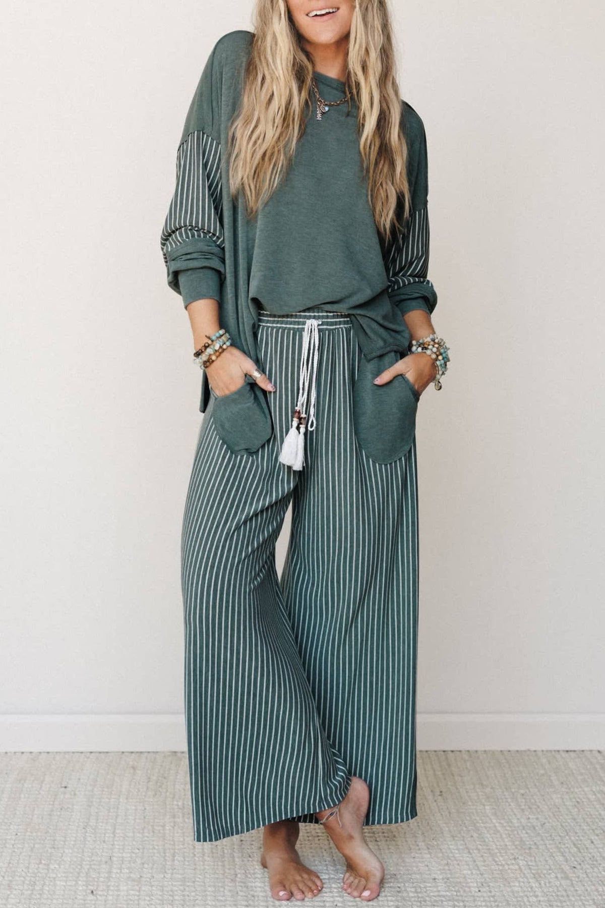 Striped Contrast High Waist Long Sleeve Pants Set Green - Sizes Small - XL
