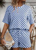 Checkered Short Sleeve Drawstring Lounge Set: Blue / L
