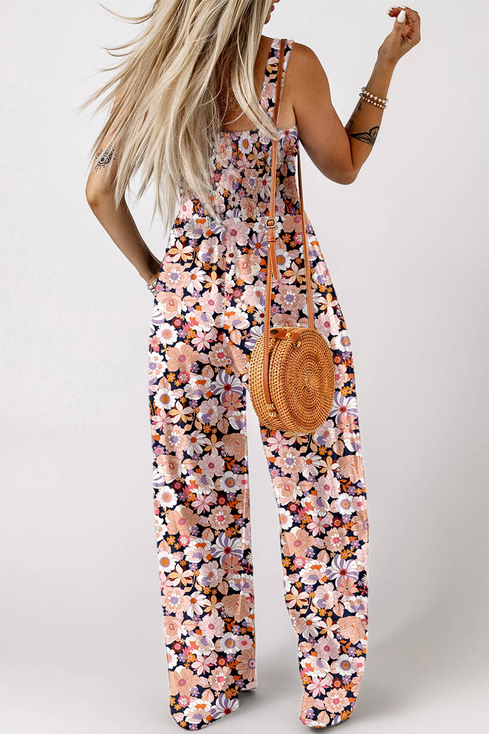 Boho Floral Print Smocked Jumpsuit/Wide Straps, Pockets and Wide Flare Legs - Sizes Sm-2X