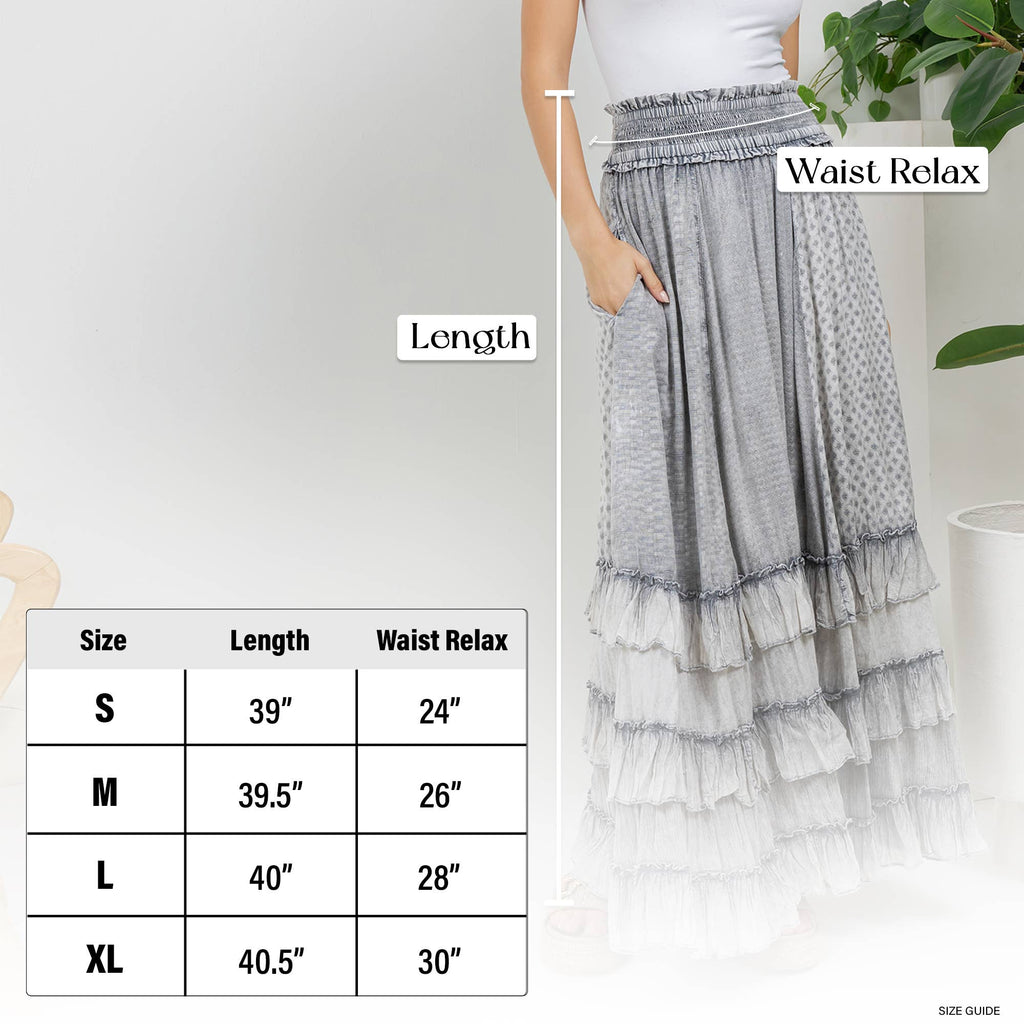 Young Threads: Rustic Textured Smocked Waist Ruffled Tiered Maxi Skirt: Gray / Small - 3X
