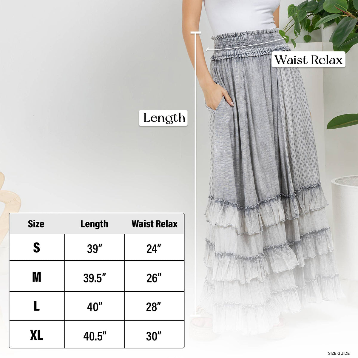 Young Threads: Rustic Textured Smocked Waist Ruffled Tiered Maxi Skirt: Gray / Small - 3X