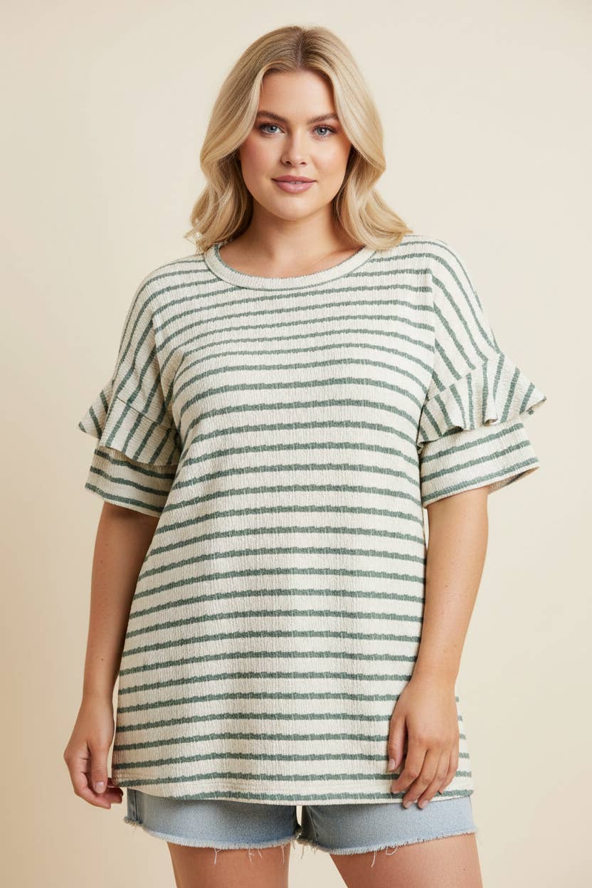 Ruffle Sleeve Jacquard Stripe Relaxed Silhouette Knit Top: CREAM/SAGE - Small-3X