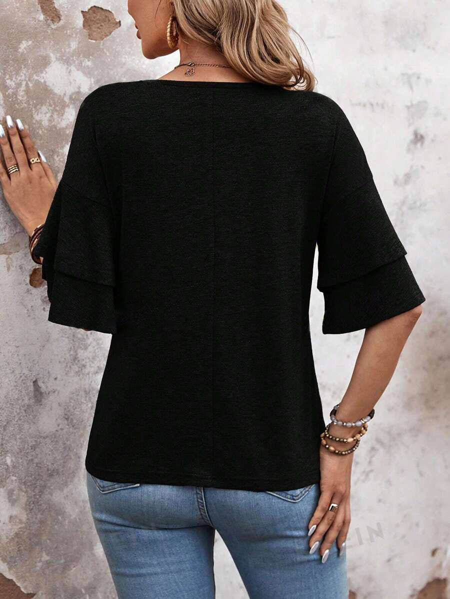 V Neck Ruffle Sleeve Loose Fit Women’s Top: Black/Navy/Tan: Sizes Small - 2X