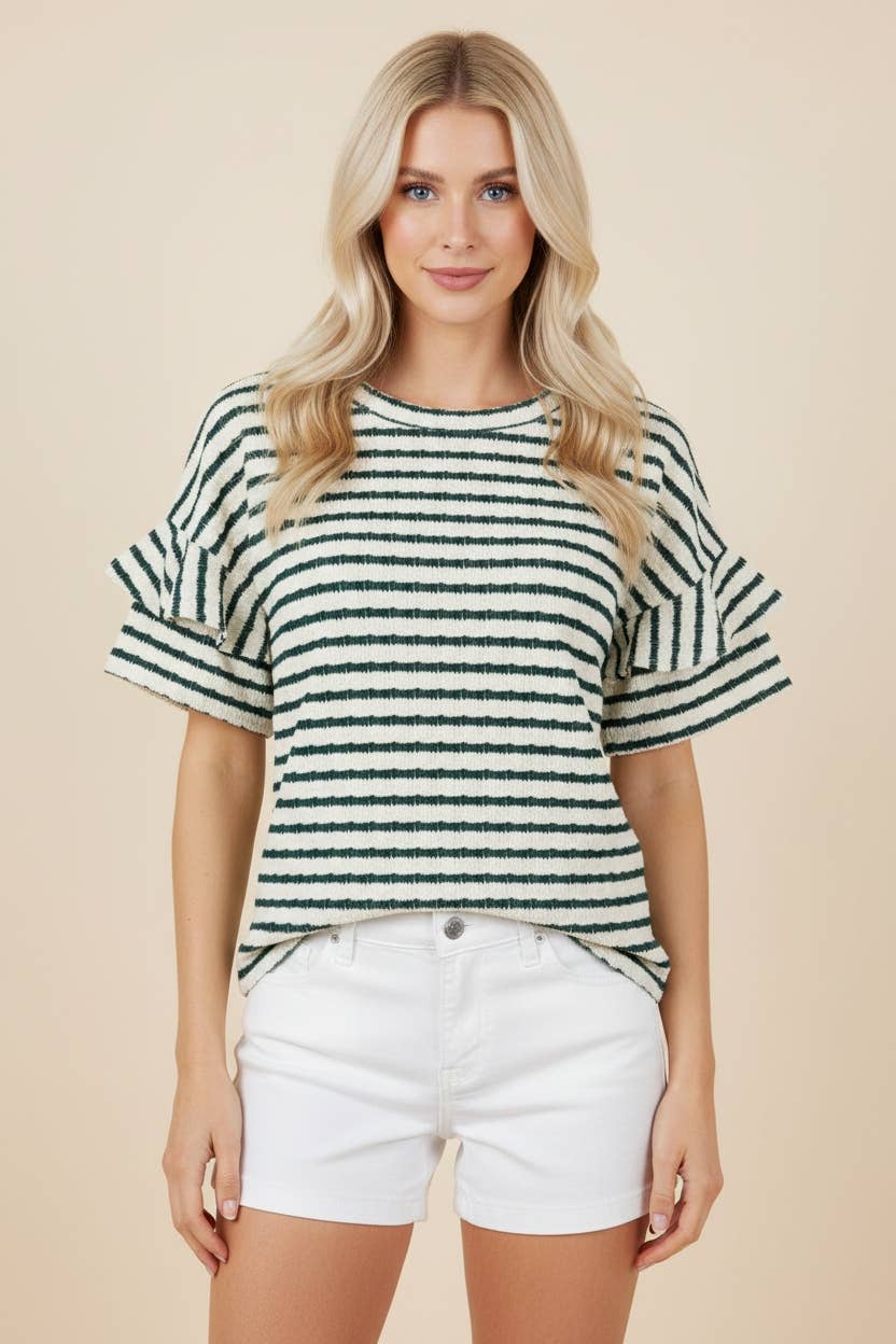 Ruffle Sleeve Jacquard Stripe Relaxed Silhouette Knit Top: CREAM/SAGE - Small-3X