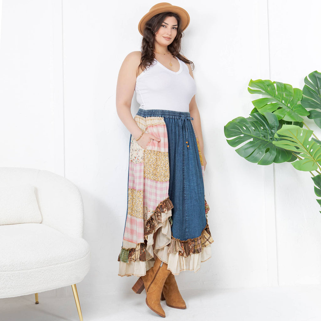 Young Threads: Western Boho Chic: Patchwork Midi Skirt : DENIM / Sizes Small - XL