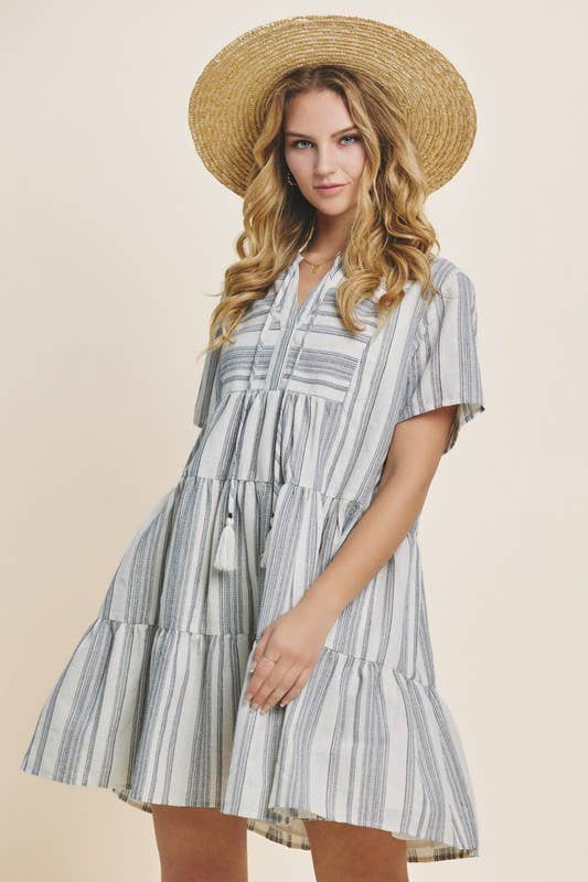 Stripe Printed Tiered Mini Dress Yarn Dye: Navy-White