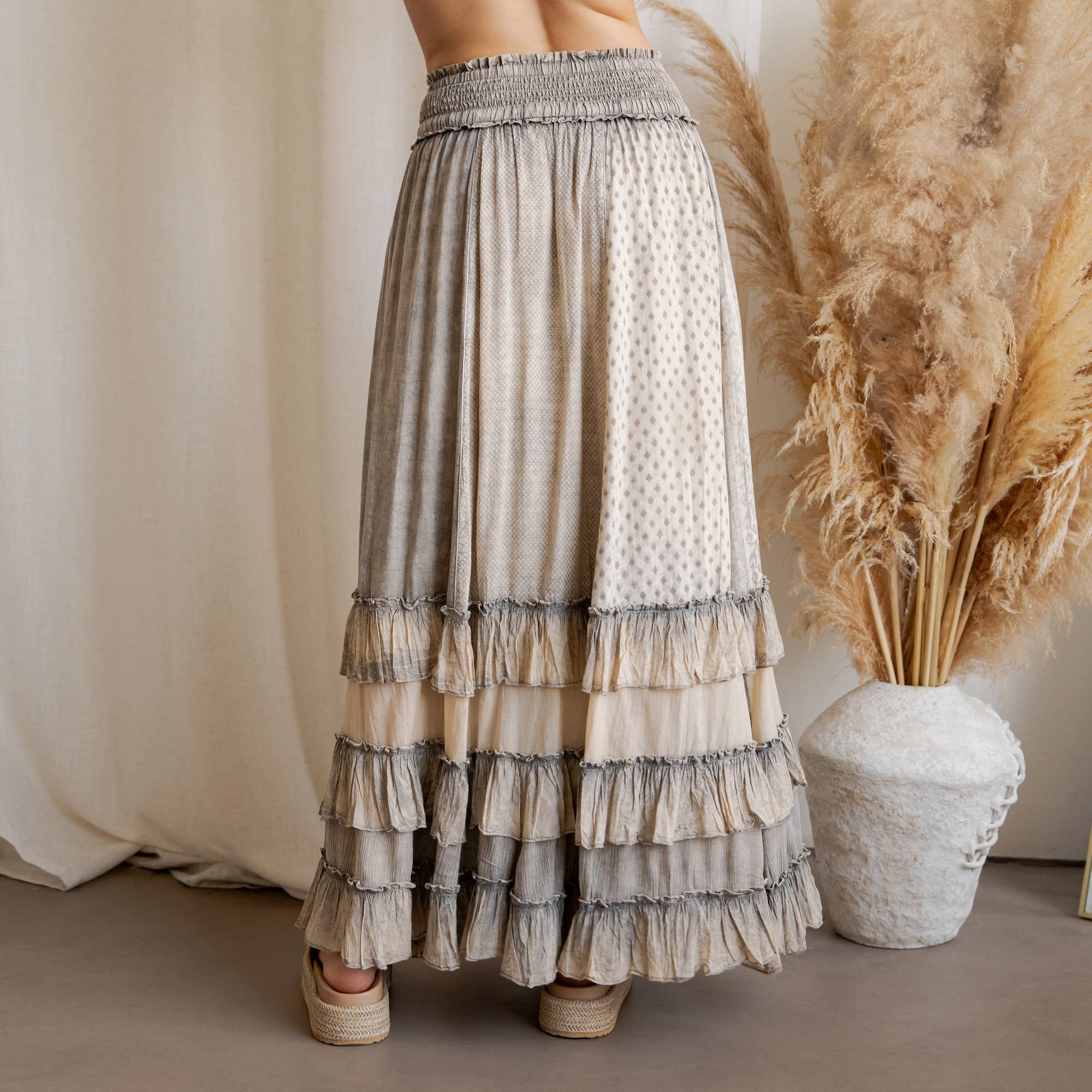 Young Threads: Rustic Textured Smocked Waist Ruffled Tiered Maxi Skirt: Gray / Small - 3X