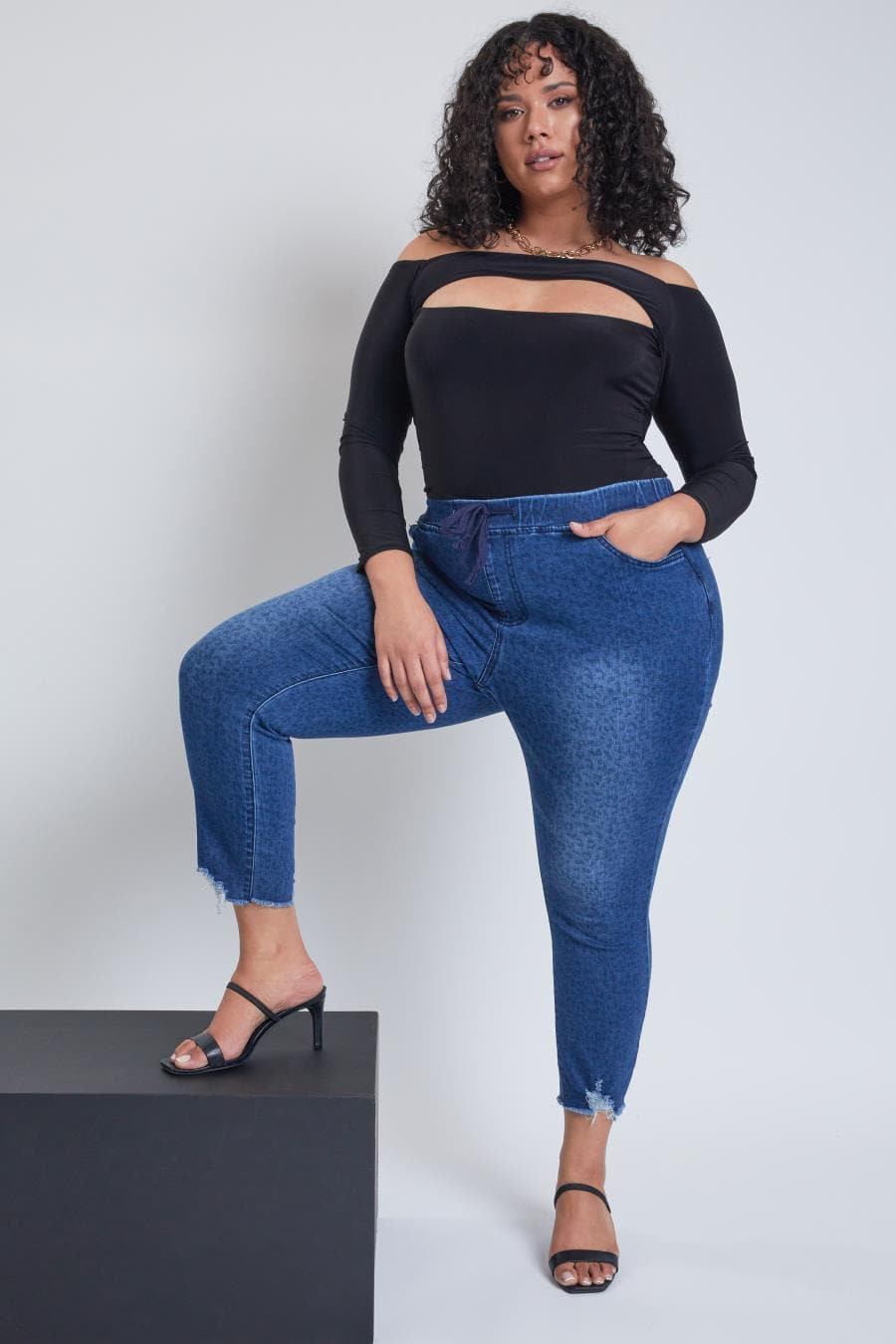 Plus Denim Light Leopard Print Blue Ankle Jogger - 1X-3X