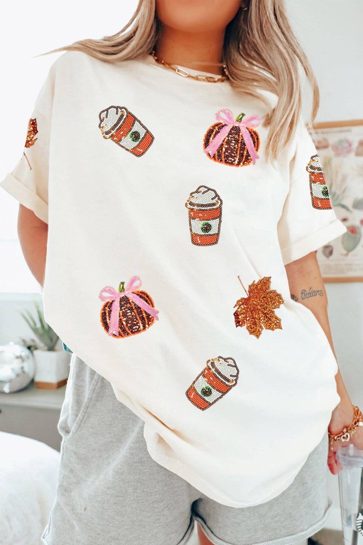 Sequined Pumpkin Fall Graphic T Shirt White