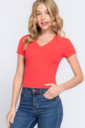 Fitted Short Sleeve V Neck Ribbed Crop Top - Perfect for Layering: Coral - Sizes Small - XL
